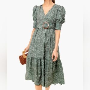 OPT Green Papin Short Balloon Sleeves Belted Midi Sundress Small Polka Dots